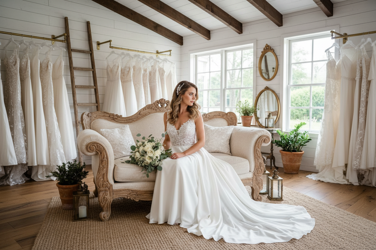 bride sitting on a vintage couch, in a farmhouse style building, with wedding dresses hanging behind her