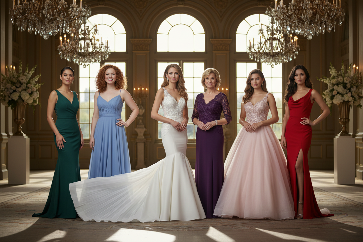 i need at least 6 people all in different occasion dresses, some sheeth and mermaid as well 